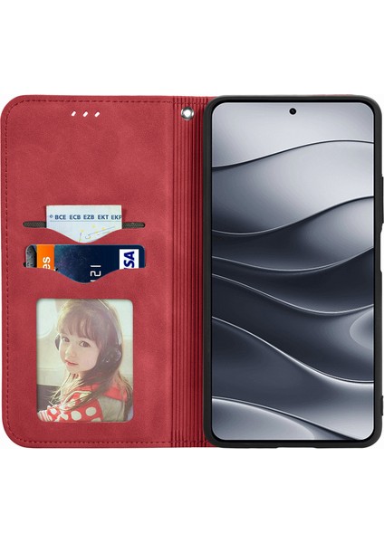 Xiaomi Redmi Için Not 14 5G Kılıf Cilt Dokunmatik Duygu Deri Kart Tutucu Telefon Kapağı Manyetik Emme-Kırmızı (Yurt Dışından)