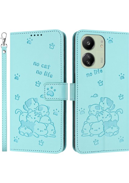 Xiaomi Poco M6 5G-Redmi 13R 5G-13C 5G-13C 4G-Poco C65 4G Kediler Baskı Deri Cüzdan Telefon Kılıfı İle Kayış-Yeşil (Yurt Dışından)