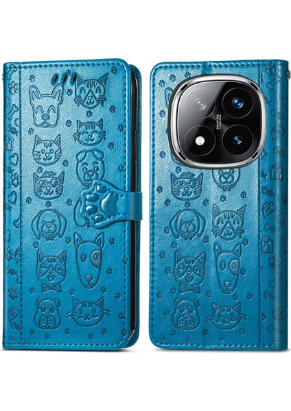 Xiaomi Redmi Note 14 Pro+ 5G Kılıf Deri Cüzdan Çevirme Telefon Kapağı Sevimli Kedi Köpek Desen-Mavi (Yurt Dışından)