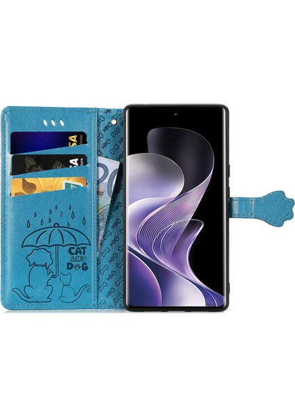 Xiaomi Redmi Note 14 Pro+ 5G Kılıf Deri Cüzdan Çevirme Telefon Kapağı Sevimli Kedi Köpek Desen-Mavi (Yurt Dışından)