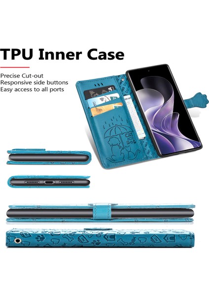 Xiaomi Redmi Note 14 Pro+ 5G Kılıf Deri Cüzdan Çevirme Telefon Kapağı Sevimli Kedi Köpek Desen-Mavi (Yurt Dışından)