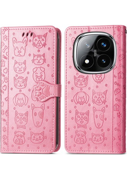 Xiaomi Redmi Note 14 Pro+ 5G Kılıf Deri Cüzdan Kapaklı Telefon Kapağı Sevimli Kedi Köpek Desenli-Pembe (Yurt Dışından)