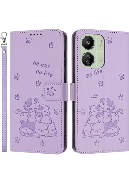 Xiaomi Poco M6 5G-Redmi 13R 5G-13C 5G-13C 4G-Poco C65 4G Kediler Künye Deri Cüzdan Telefon Kapağı İle Kayış-Mor (Yurt Dışından)