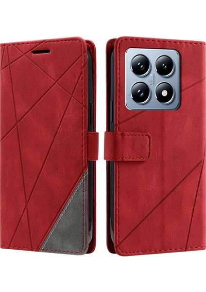 Xiaomi 14T Kılıf Baskılı Çizgiler Pu Deri Ekleme Cüzdan Telefon Kapağı-Kırmızı (Yurt Dışından)
