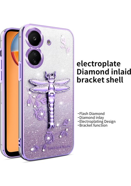 Xiaomi Redmi Için 13C 4G-Poco C65 4G Kılıf Dragonfly Tpu Çiçekler Glitter Telefon Kapağı-Mor (Yurt Dışından)
