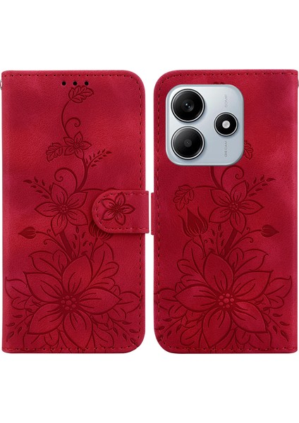 Xiaomi Redmi Note 14 5G-14 4G Kılıf Zambak Çiçeği Baskılı Deri Telefon Kılıfı Standlı-Kırmızı (Yurt Dışından)