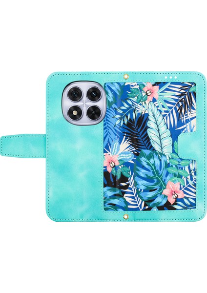 Xiaomi Redmi Note 14 Pro 5G Kılıf Pu Deri Çiçek Telefon Kılıfı, Kart Yuvalı-Yeşil (Yurt Dışından)