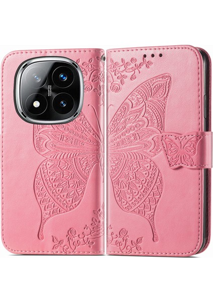 Xiaomi Redmi Note 14 Pro 5G Kılıf Pu Deri Cüzdan Telefon Kapağı Desenli-Pembe (Yurt Dışından)