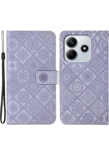 Xiaomi Redmi Note 14 5G Kılıf Etnik Stil Telefon Cüzdan Kılıfı Kayışlı-Mor (Yurt Dışından)