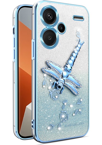 Xiaomi Redmi Note 13 Pro+ 5G Kılıf Dragonfly Tpu Çiçekler Parıltılı Telefon Kapağı-Mavi (Yurt Dışından)