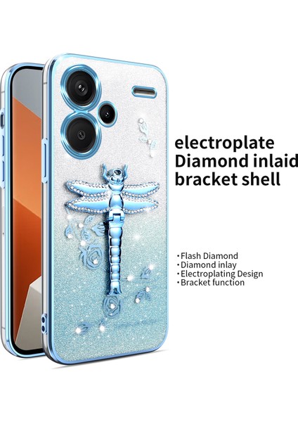 Xiaomi Redmi Note 13 Pro+ 5G Kılıf Dragonfly Tpu Çiçekler Parıltılı Telefon Kapağı-Mavi (Yurt Dışından)