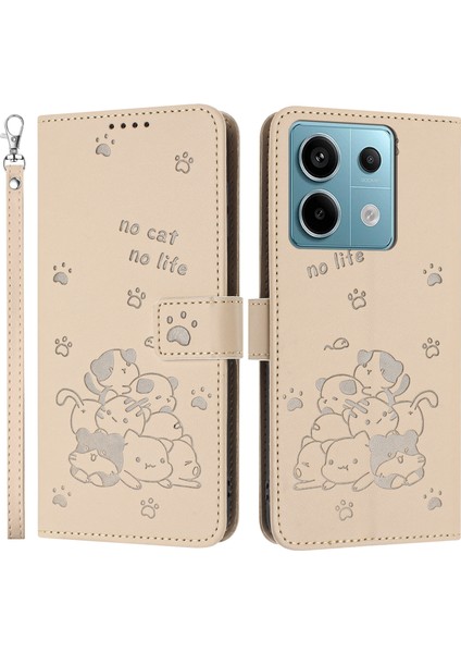 Xiaomi Redmi Note 13 Pro 5G - Poco X6 5G Kılıf Askılı Kediler Baskı Deri Cüzdan Telefon Kapağı-Bej (Yurt Dışından)