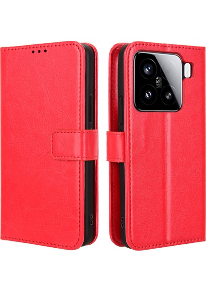 Xiaomi 15 Pro Kılıf Crazy Horse Doku Pu Deri Telefon Cüzdan Kapağı-Kırmızı (Yurt Dışından)