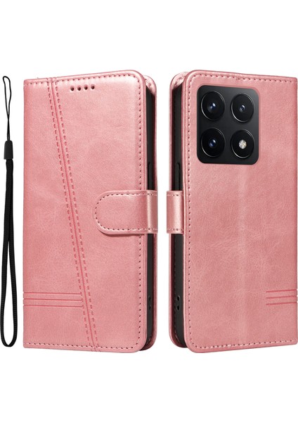 Xiaomi 14T Kılıf Kapaklı Cüzdan T-Şekil Hatları Deri Telefon Kapağı-Gül Altın Için (Yurt Dışından)