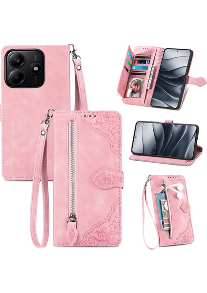Xiaomi Redmi Note 14 5G Kılıf Fermuar Cüzdan Pu Deri Çiçek Baskı Telefon Kapağı-Pembe (Yurt Dışından)