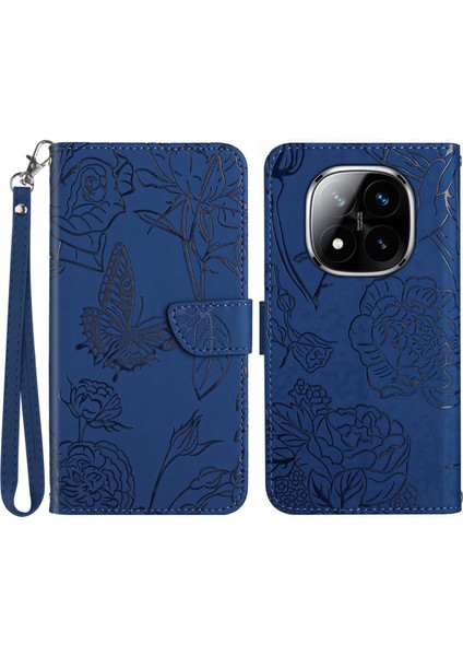 Xiaomi Redmi Note 14 Pro 5G-14 Pro+ 5G Kılıf Askılı Deri Telefon Kılıfı, Çiçek Baskı-Mavi (Yurt Dışından)
