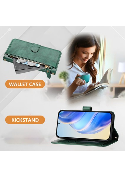 Xiaomi Redmi Için Not 14 Pro+ 5G-Xiaomi Redmi Not 14 Pro 5G Kılıf Fermuarlı Cebi Çoklu Kart Yuvaları Deri Telefon Kapağı-Yeşil (Yurt Dışından)