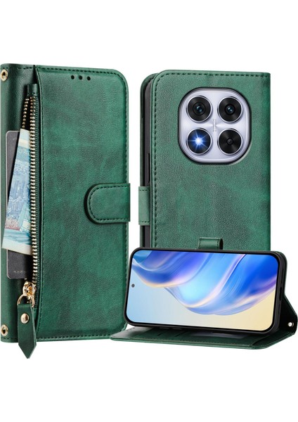 Xiaomi Redmi Için Not 14 Pro+ 5G-Xiaomi Redmi Not 14 Pro 5G Kılıf Fermuarlı Cebi Çoklu Kart Yuvaları Deri Telefon Kapağı-Yeşil (Yurt Dışından)