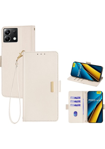 Xiaomi Poco X6 5G Deri Cüzdan Kılıfı Rfıd Engelleme Kapağı El Kayışı-Beyaz (Yurt Dışından)