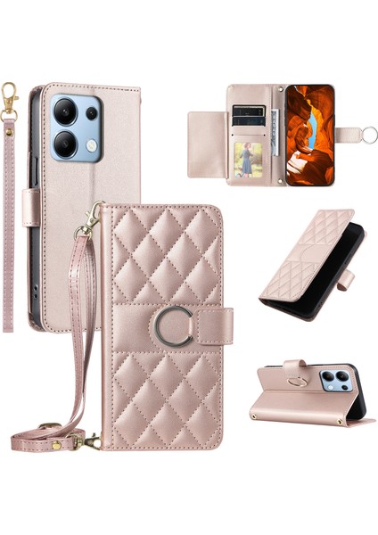 Xiaomi Redmi Için Not 13 4G Crossbody Halka Toka Cüzdan Eşkenar Dörtgen Mobil Kapak-Gül Altın (Yurt Dışından)