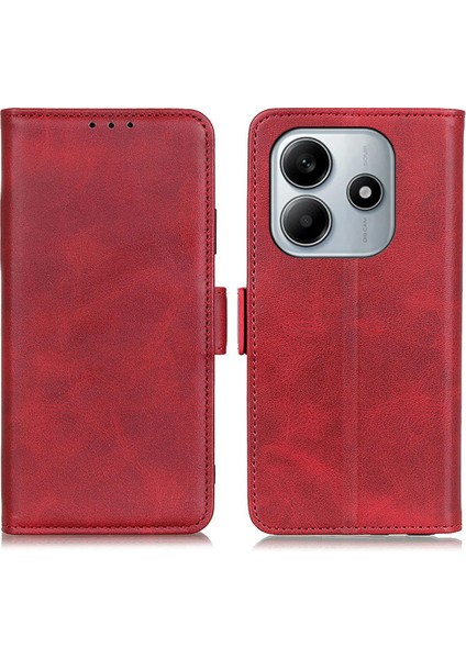 Xiaomi Redmi Note 14 4G Kılıf Sığır Derisi Doku Pu Deri Telefon Kapağı-Kırmızı (Yurt Dışından)