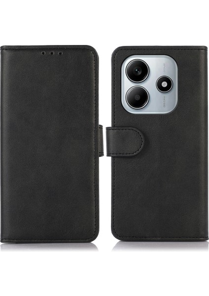 Xiaomi Redmi Note 14 4G Kılıf Sığır Derisi Doku Deri Cüzdan Telefon Kılıfı Standlı-Siyah (Yurt Dışından)