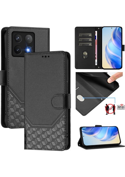 Xiaomi 14T Pro Kılıf Baskılı Petek Rfıd Engelleme Deri Telefon Kılıfı Kayışlı-Siyah (Yurt Dışından)