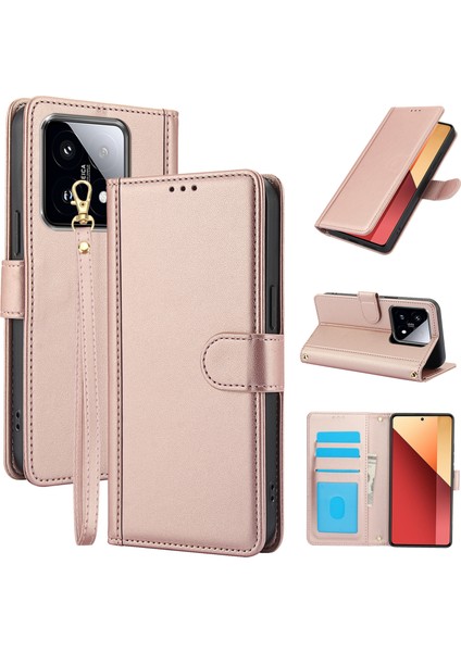 Xiaomi 14T Pro Kılıf Pu Deri Görünümlü Telefon Cüzdan Kılıfı Omuz Askılı-Pembe (Yurt Dışından)