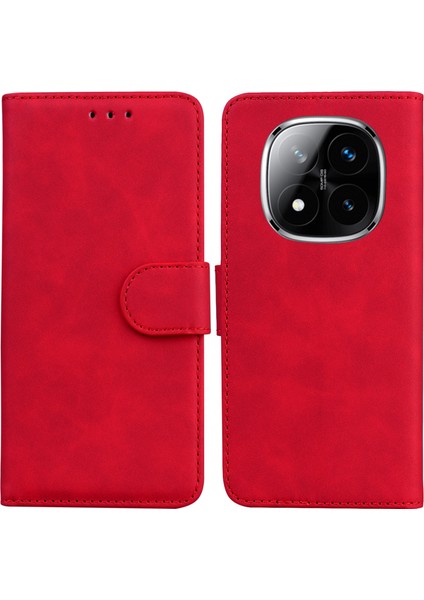 Xiaomi Redmi Note 14 Pro 5G Kılıf Düz Renk Deri Cüzdan Telefon Kapağı-Kırmızı (Yurt Dışından)