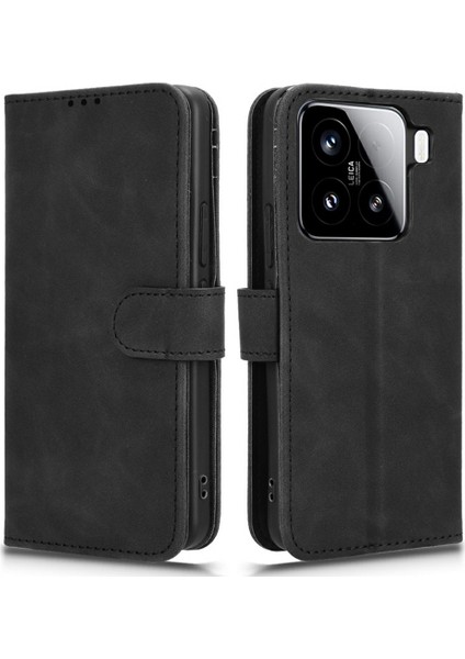 Xiaomi 15 Için Skin-Feel Anti-Drop Cüzdan Kapaklı Telefon Kapağı-Siyah (Yurt Dışından)