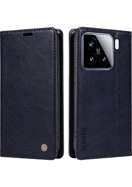 Xiaomi 15 Kılıf Manyetik Kapatma Deri Telefon Kapağı Litchi Doku-Lacivert (Yurt Dışından)