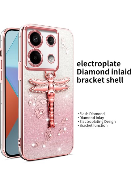 Xiaomi Redmi Note 13 Pro 5G Kılıf Dragonfly Tpu Çiçekler Glitter Telefon Kapağı-Pembe (Yurt Dışından)