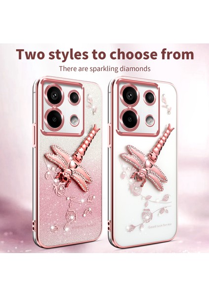 Xiaomi Redmi Note 13 Pro 5G Kılıf Dragonfly Tpu Çiçekler Glitter Telefon Kapağı-Pembe (Yurt Dışından)