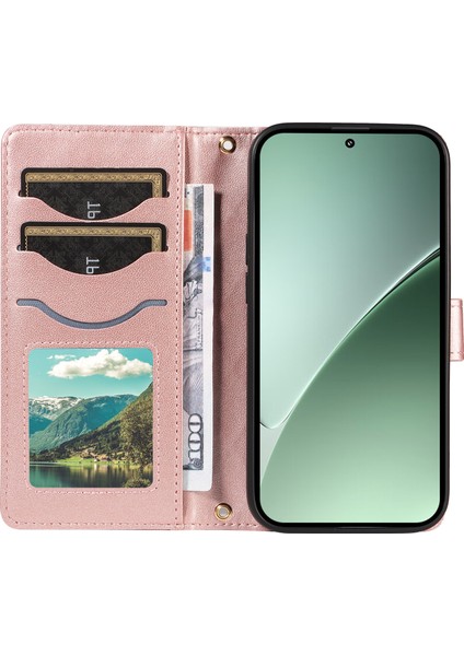 Xiaomi 15 Pro Için Cüzdan Kılıf Eşkenar Dörtgen Deri Telefon Kılıfı, Omuz Askılı, Bilek Askısı-Gül Altın (Yurt Dışından)