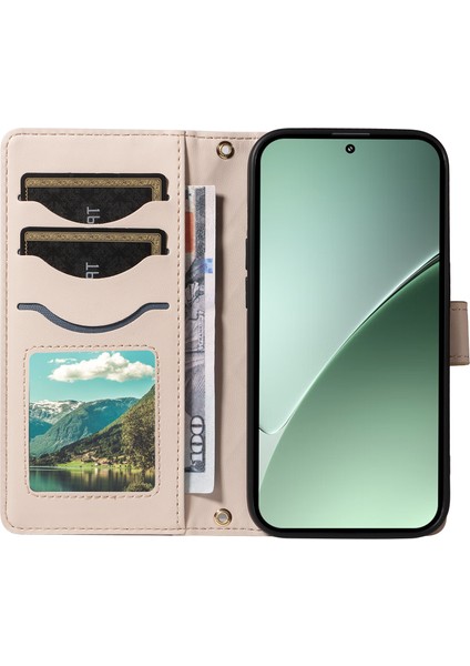 Xiaomi 15 Pro Cüzdan Kılıf Omuz Askılı Eşkenar Dörtgen Deri Telefon Kılıfı, Bilek Askısı-Kayısı (Yurt Dışından)