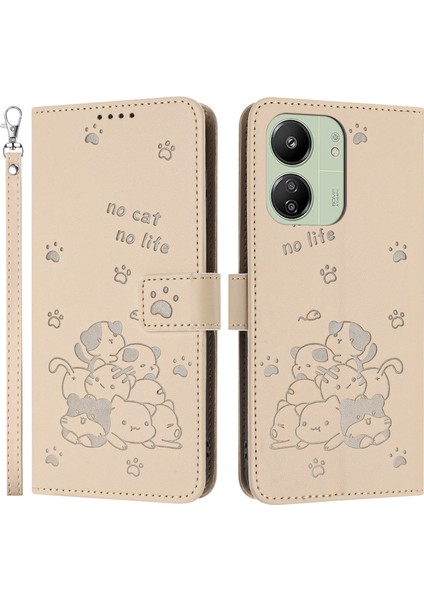 Xiaomi Poco M6 5G-Redmi 13R 5G-13C 5G-13C 4G-Poco C65 4G Kediler Baskı Deri Cüzdan Telefon Kılıfı İle Kayış-Bej (Yurt Dışından)