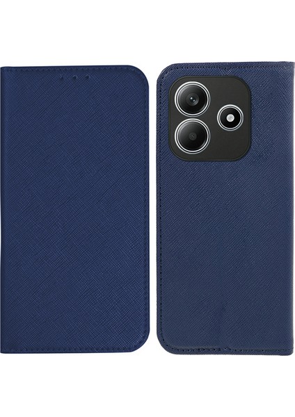 Xiaomi Redmi Note 14 5G Kılıf Çapraz Dokulu Deri Telefon Kapağı Gizli Manyetik-Koyu Mavi (Yurt Dışından)