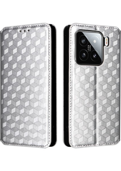 Xiaomi 15 Pro Cüzdan Kılıfı Eşkenar Dörtgen Baskılı Deri Telefon Kapağı-Gümüş (Yurt Dışından)