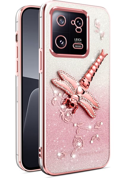 Xiaomi 13 Kılıf Dragonfly Tpu Çiçekler Glitter Telefon Kapağı-Pembe (Yurt Dışından)