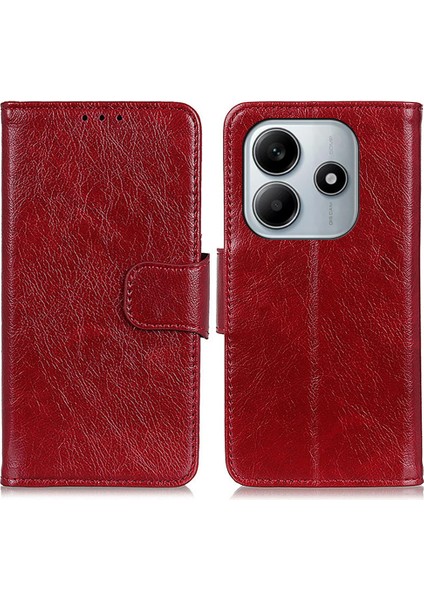 Xiaomi Redmi Note 14 4G Kılıf Nappa Dokulu Bölünmüş Deri Cüzdan Telefon Kapağı-Kırmızı (Yurt Dışından)