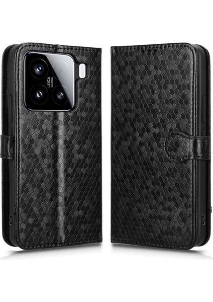 Xiaomi 15 Pro Için Cüzdan Kılıf Nokta Desenli Baskı Pu Deri Telefon Kapağı-Siyah (Yurt Dışından)