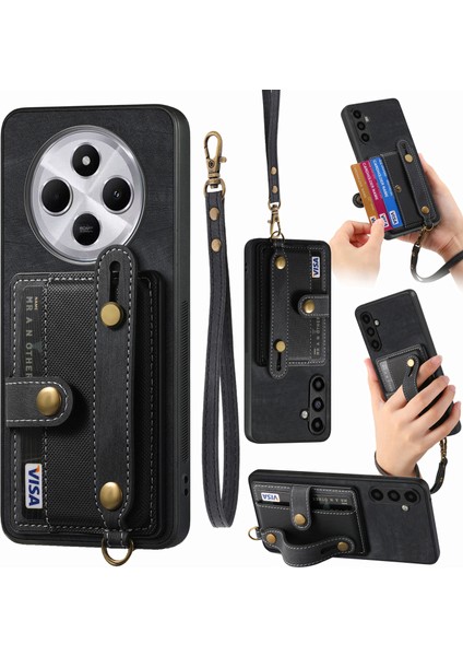 Xiaomi Redmi 14C 4G-14R 5G-Poco C75 4G Bileklik Pu Deri Retro Arka Kapak Kart Tutucu-Siyah Telefon Kılıfı (Yurt Dışından)