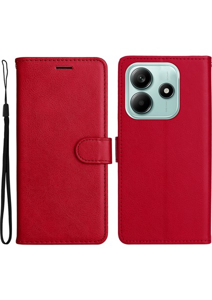 Kt Deri Serisi-2 Xiaomi Redmi Için Not 14 5G Kılıf Düz Renk Deri Telefon Kapak Cüzdan Standı-Kırmızı (Yurt Dışından)