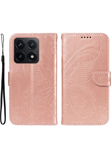 Xiaomi 14T Kılıf Desenli Deri Cüzdan Kapaklı Telefon Kapağı-Gül Altın (Yurt Dışından)