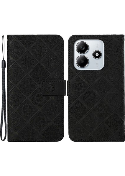 Xiaomi Redmi Note 14 5G Kılıf Etnik Stil Telefon Cüzdan Kılıfı Askılı-Siyah (Yurt Dışından)