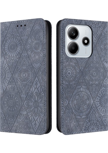 Xiaomi Redmi Note 14 5G Kılıf Baskılı Çiçek Cüzdan Deri Telefon Kapağı-Gri (Yurt Dışından)