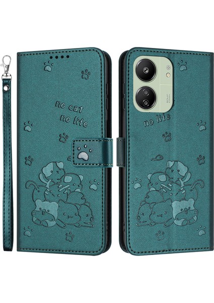 Xiaomi Poco M6 5G-Redmi 13R 5G-13C 5G-13C 4G-Poco C65 4G Kediler Künye Deri Cüzdan Telefon Kapak İle Kayış-Siyahımsı Yeşil (Yurt Dışından)