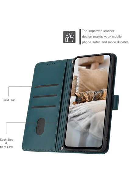 Xiaomi Poco M6 5G-Redmi 13R 5G-13C 5G-13C 4G-Poco C65 4G Kediler Künye Deri Cüzdan Telefon Kapak İle Kayış-Siyahımsı Yeşil (Yurt Dışından)