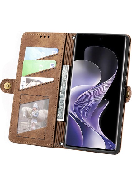 Xiaomi Redmi Note 14 Pro+ 5G Kılıf Fermuar Cüzdan Geometri Çizgileri Deri Telefon Kapağı-Kahverengi (Yurt Dışından) modelleri