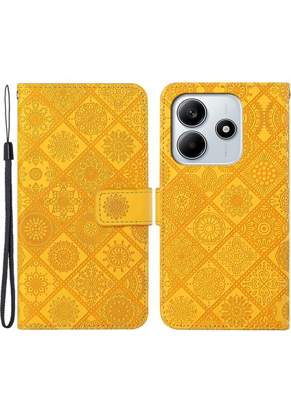 Xiaomi Redmi Note 14 5G Kılıf Etnik Stil Telefon Cüzdan Kılıfı Kayışlı-Sarı (Yurt Dışından)